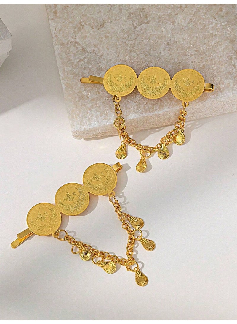 2PCS Hair Clips Gold-Plated, Tassel Bohemian Coin Fringe for Women,  Arabic Wedding Bridal Accessories Jewelry, Elegant Star Moon Pendant Choker Hair Pins Gift for Ladies Girls Eid Party - view 3